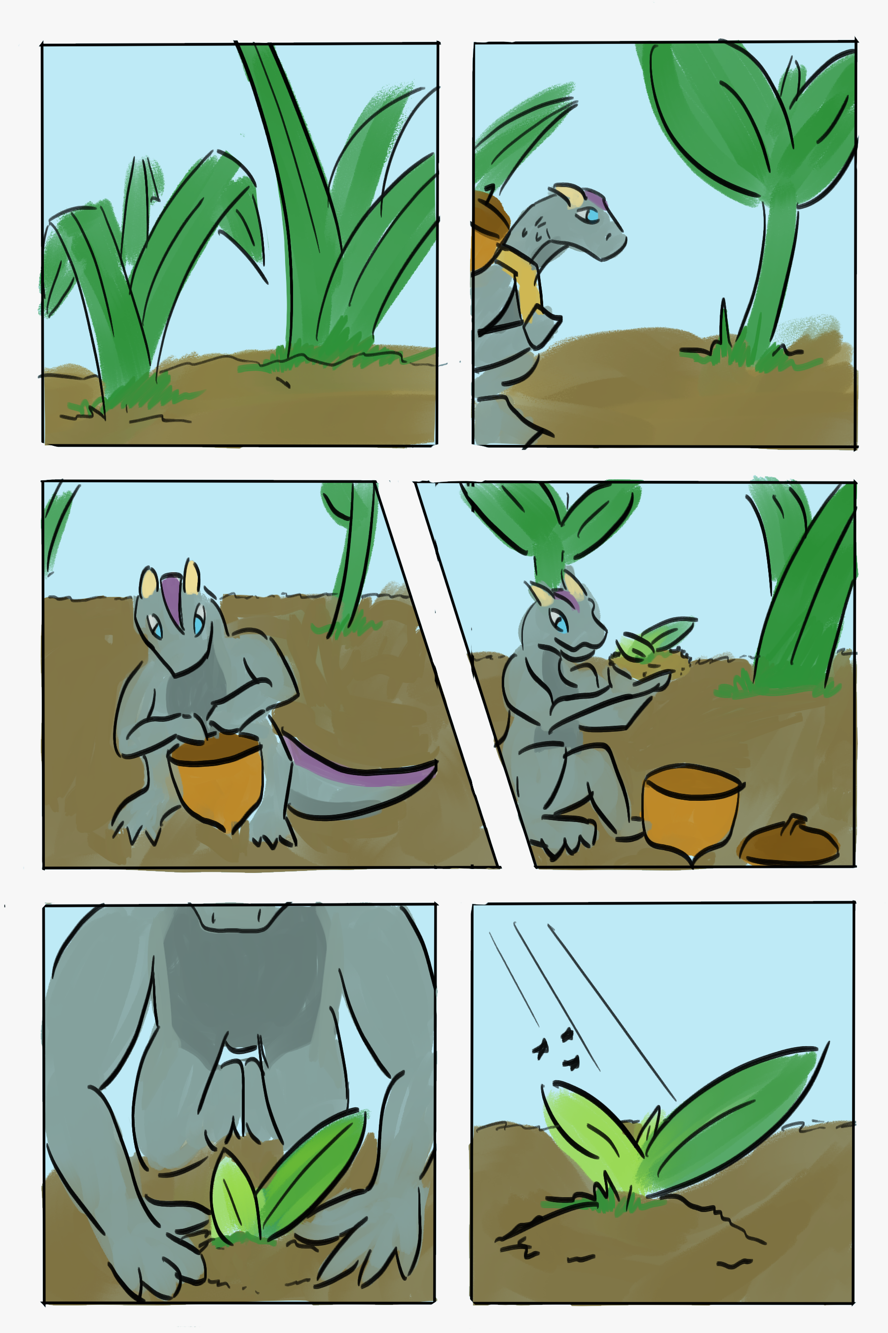 A small dragon adventures through tall grasses and sprouts, carrying an acorn backpack. They set it down, taking out a small sprout and carefully planting it.