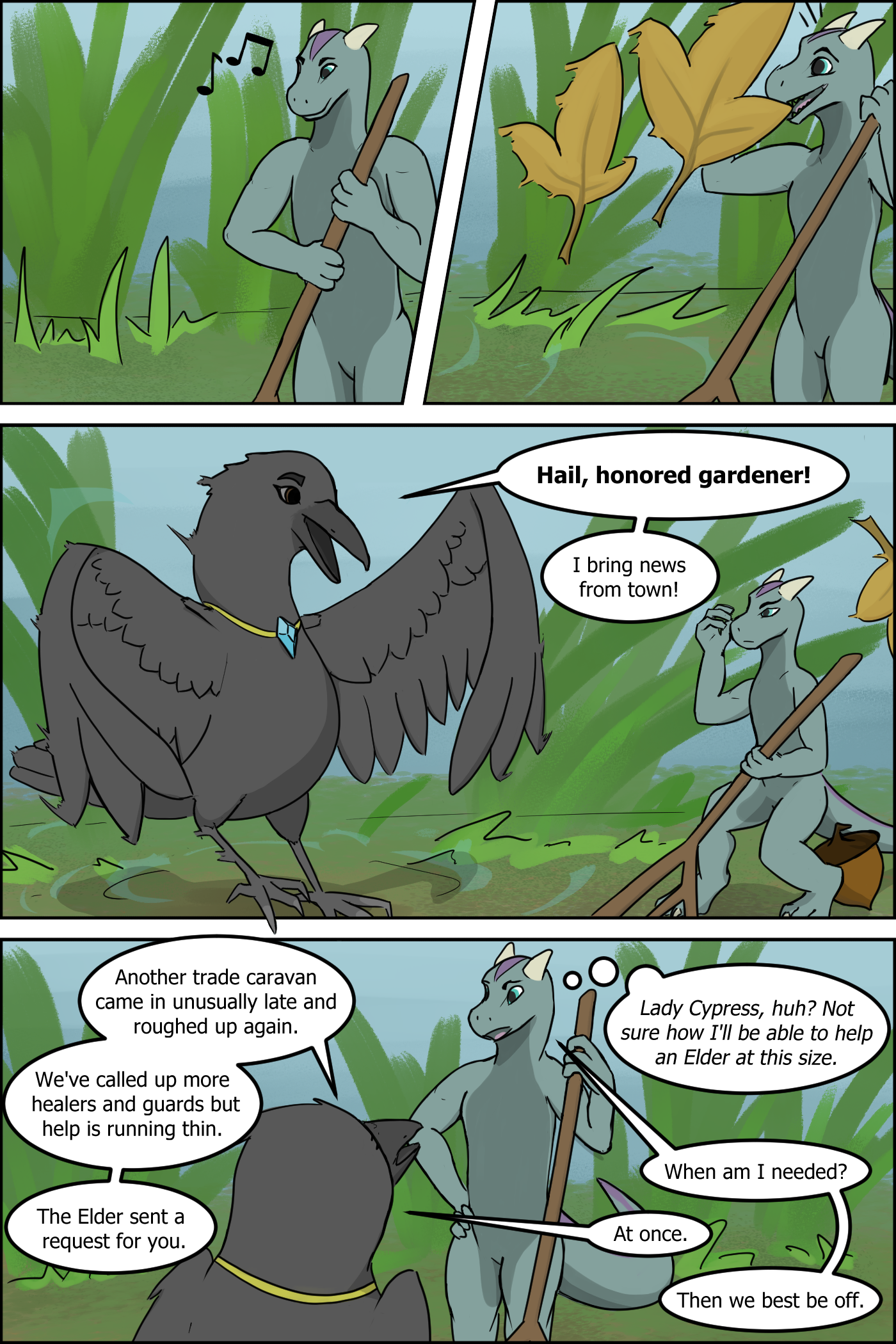 A small grey lizard-like dragon named Lami sits humming to themselves, pushing some leaves and dirt around with a stick. The wind picks up and a crow named Soot arrives wearing a sapphire amulet. Turns out the crow is in a rush, so the two chat about what's up as lami takes a break from the gardening.